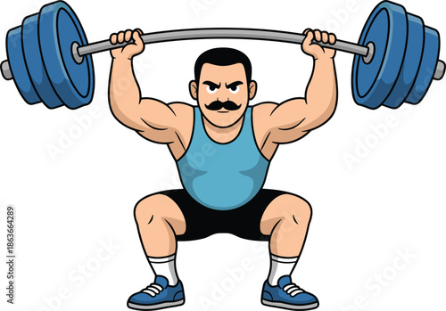 Strong, muscular, weightlifter, performing, barbell, overhead, squat, exercise, in, gym, training, illustration, showing, power, strength, fitness, workout, determination, athletic, male,