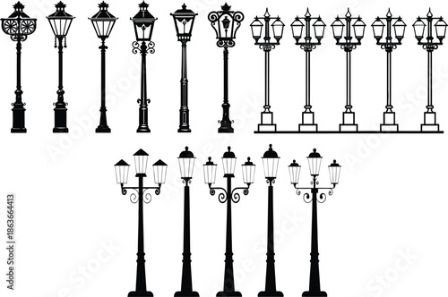 Collection of vintage and modern street lamp post illustrations