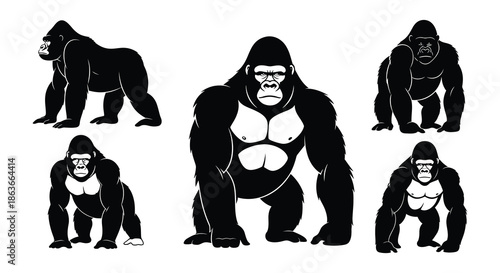 Silhouette depictions of gorillas in various poses and stances