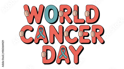 World Cancer Day: A graphic commemorating World Cancer Day, showcasing a ribbon intertwined with the text and symbolizing support for those impacted by cancer.