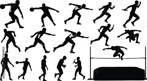 Set of track and field athletes silhouettes engaging in various sports, including running, discus throw, long jump, and high jump vector illustration collection