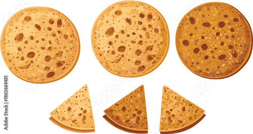 Set of Traditional Flatbread Pancakes and Slices Vector Illustration for Breakfast Menu Design Ethnic Cuisine Wheat Crepes and Bakery Concept