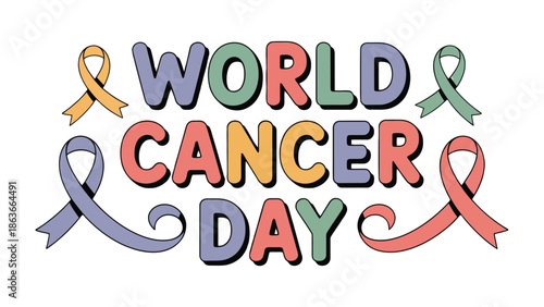 World Cancer Day: A poignant visual tribute to World Cancer Day, where hope and awareness are symbolized by colorful ribbons, each representing the collective fight against cancer. 