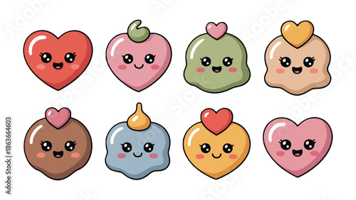 Cute Heart Characters: A charming collection of eight adorable heart-shaped characters, each with its own unique color and joyful expression. Perfect for spreading love and cheer.