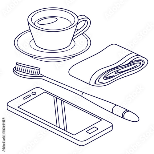 Clean Contour Illustration of Morning Routine Objects
