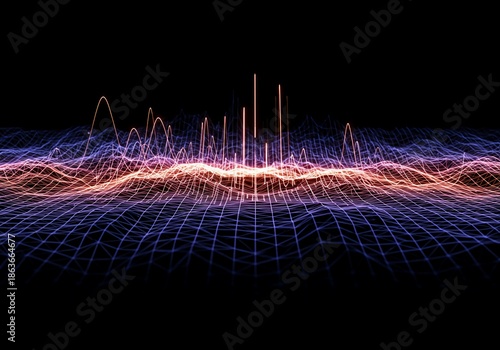 Abstract digital rendering of a complex wave field exhibiting interference and dynamic energy flux across a structured plane, structure, wave, motion