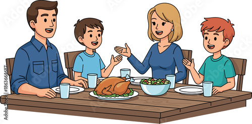 Thanksgiving illustration of a happy family eating holiday dinner