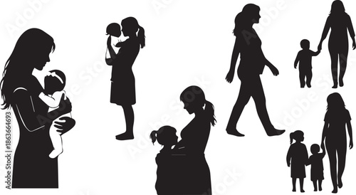 Silhouettes of mothers and children in various tender and playful poses
