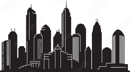 A black and white cityscape silhouette featuring a collection of skyscrapers and high rise buildings