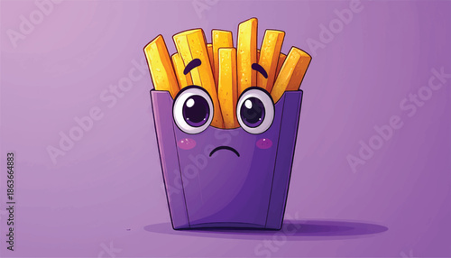 Sad Cartoon French Fries in Purple Container on Purple Background.