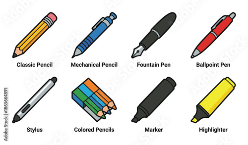 Stationery set with classic and mechanical pencils, ballpoint and fountain pens, stylus, markers, colored pencils, highlighter