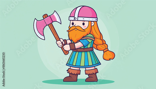 Cartoon Viking Warrior with Axe Ready for Battle.