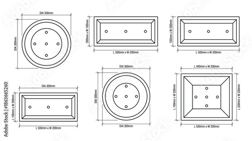 Technical scheme for construction documentation, with round and rectangular shapes, holes and dimensions.