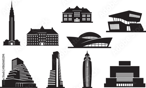 Collection of iconic city skylines and buildings in black silhouette
