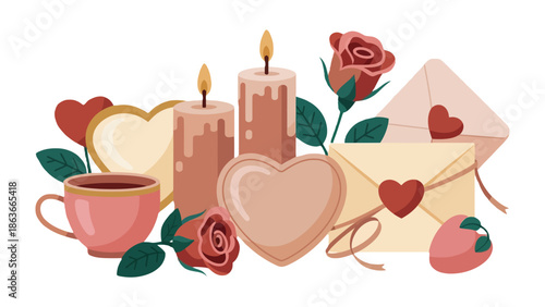 Love's Embrace: Tender scene unfolds, adorned with lit candles, blooming roses, and love letters, capturing the essence of romance, affection and celebrating moments of heartfelt connection.