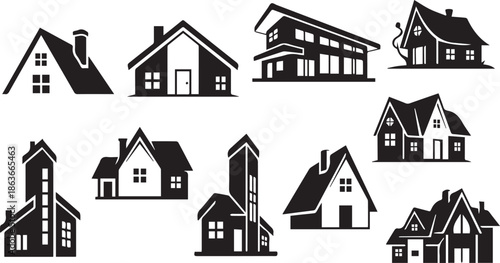 Collection of various house silhouettes and architectural styles