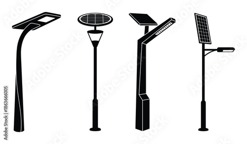 This image contains four solar street lights, presented in a minimalist style, showcased in black and white illustration.