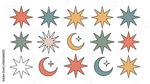 Celestial Harmony: A vibrant constellation of stars and crescent moons dance across the backdrop, creating an enchanting visual symphony of the cosmos.