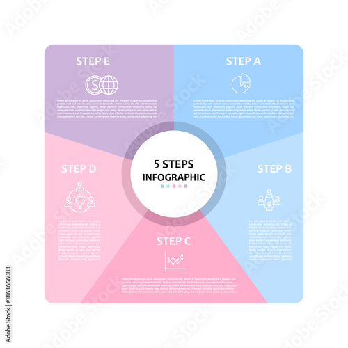 Venn diagram infographic 5 step option for business or web presentation template. 5 editable vector infographics.