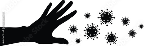 Silhouette of hand interacting with virus particles, black figures, health gesture, transparent background, infection and hygiene awareness illustration