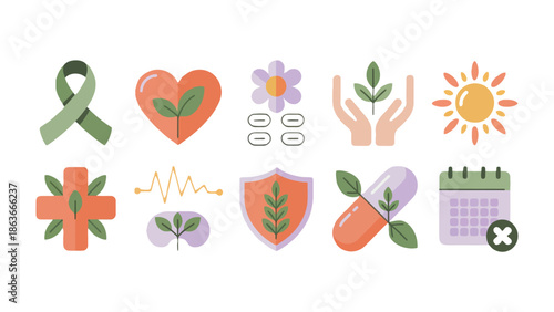 Herbal Healthcare Symbols: A set of ten thoughtfully crafted icons representing essential aspects of herbal health and well-being. Includes symbol for sun, heart, leaf, health.