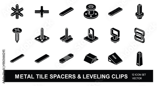 Tile spacers and leveling clips icons for floor installation, and construction project, vector set.