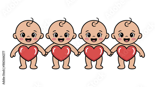 Sweethearts United: Four adorable infants stand hand-in-hand, their hearts radiating with love and unity, a symbol of pure innocence and interconnectedness.