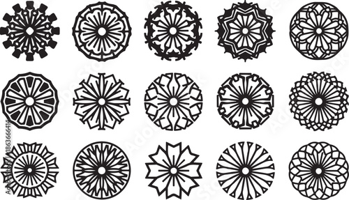A collection of intricate black mandala designs on white background