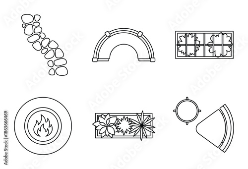 Top-down line art illustration of garden elements: a stone path, seating, a planter, fire pit and a seat.