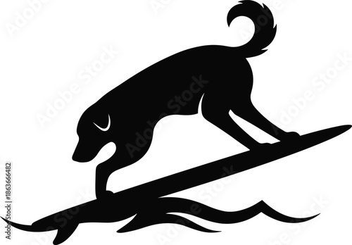   
Silhouette of surfing dog on angled surfboard, black figure, playful posture, transparent background, pet adventure and fun illustration