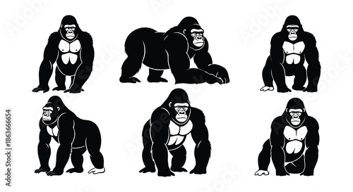 Silhouette depictions of gorillas in various poses and stances