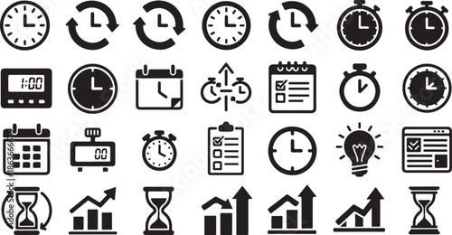 A collection of time management icons on a white background