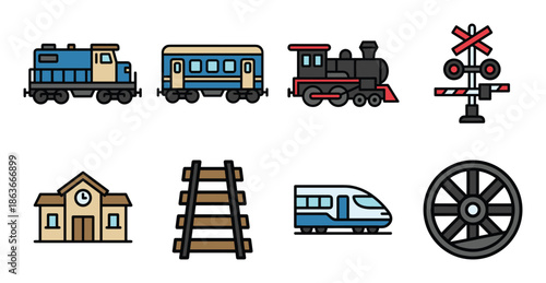 Train icon set features train cars, train tracks, crossing, station, locomotive and train wheel in colorful design.