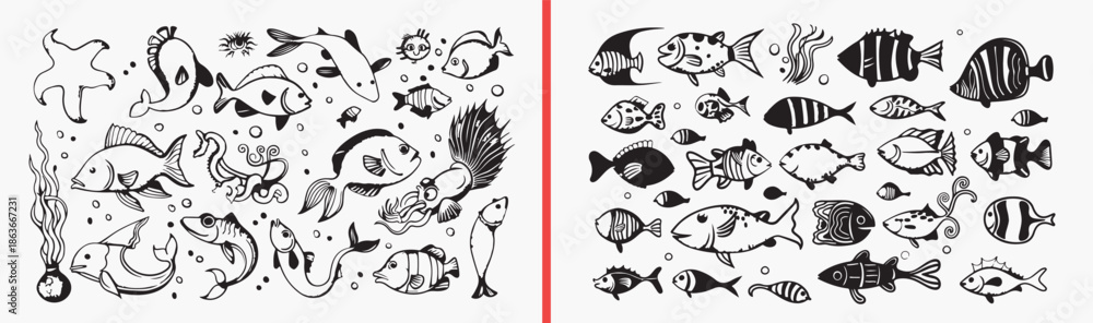 Fototapeta premium fish illustration vector, marine life doodle art, sea animal sketch icons, ocean fish illustration set, aquatic life vector pack, fish clipart collection, underwater graphic elements, marine doodle ve