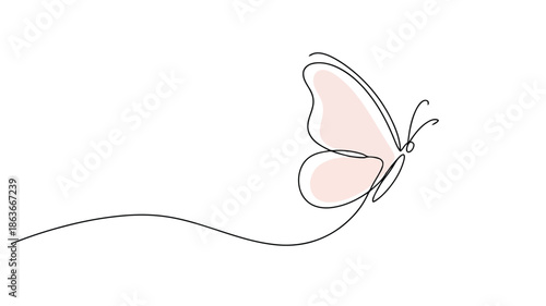 A flowing continuous line outlines a delicate butterfly with a soft, rounded pink wing shape