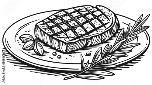 Grilled Beef Steak with Rosemary Vintage Line Art Illustration