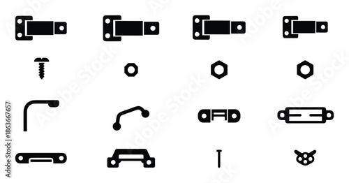 Variety of hardware parts. Latches, screw, nuts, supports and fasteners flat vector icons isolated on white.