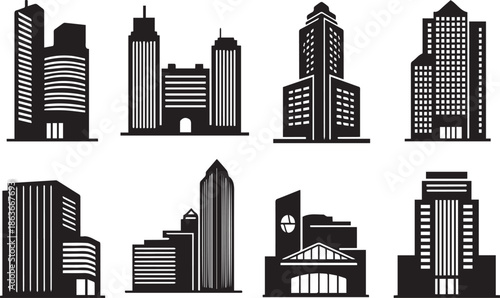 Collection of modern city skyscrapers and buildings in black silhouette