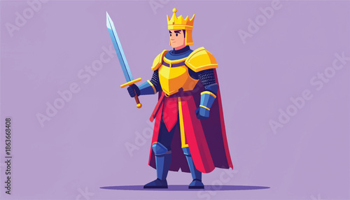 Cartoon King in Armor Holding Sword Ready for Battle.