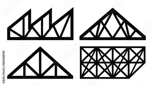 Various black truss structures. Architectural vector designs and engineering frameworks.