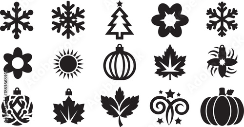 A collection of black silhouettes of various seasonal icons