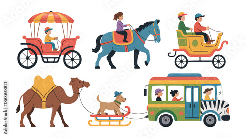 Vehicles and Animals for Kids: A delightful scene of various animal-drawn vehicles, sparking imagination and adventure, perfect for children's enjoyment. 