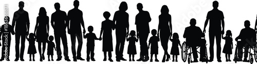 Silhouettes of diverse inclusive group with adults, children, and wheelchair users, black figures, community posture, transparent background, unity and accessibility illustration