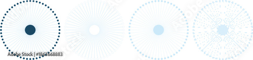 Four abstract radial with dark blue and light blue dots and circles pattern
