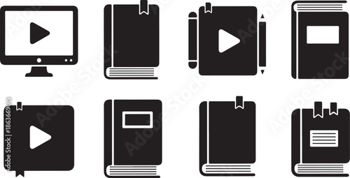 A collection of black icons representing books and video playback on a white background