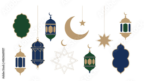 Ramadan Lanterns and Crescent Moon: A visually stunning composition featuring intricately designed lanterns and a luminous crescent moon, symbolizing the spirit of Ramadan.