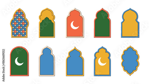 Islamic Decorative Windows: A colorful array of Islamic decorative windows, each exhibiting unique patterns, arch shapes, and hues, evoke a sense of cultural richness and architectural beauty.