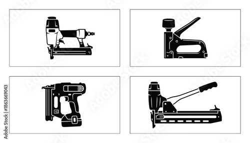Vector art featuring four different types of staple guns in black and white. Tool icons for construction and home improvement.