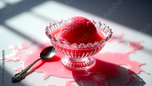 A vibrant, surreal cinematic close-up of a melting pink sorbet in a glass bowl with dynamic shadows, offering an innovative visual for a modern company logo