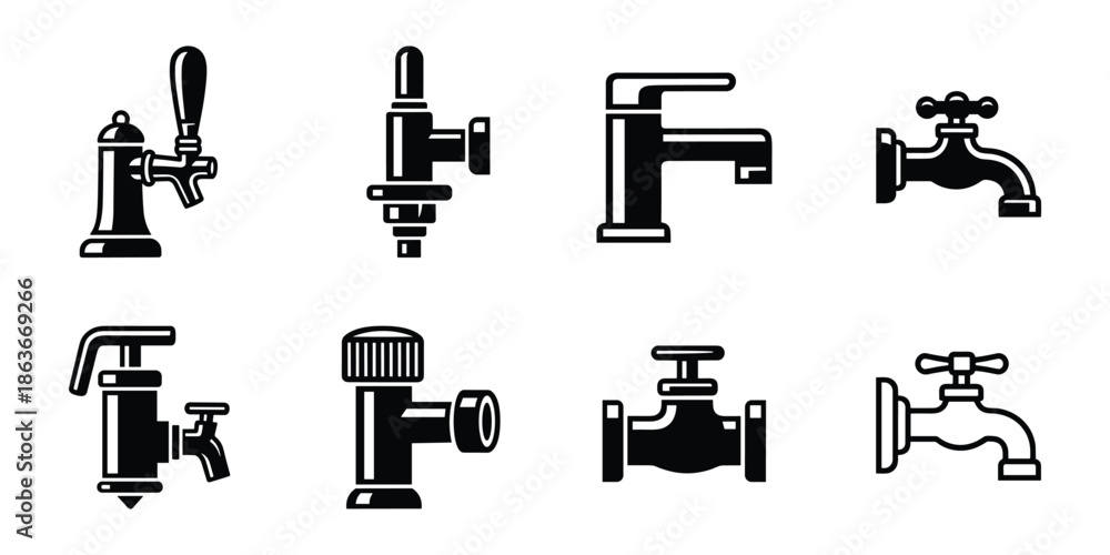 Fototapeta premium Vector collection featuring black water faucets and valves. Plumbing fixtures and equipment for your projects.